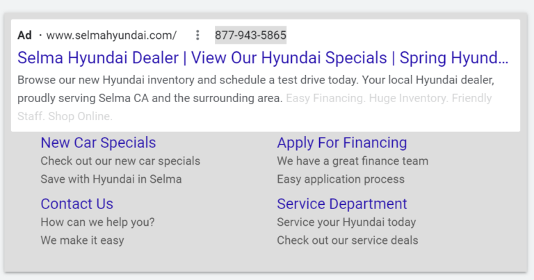 example of a google search ad for automotive marketing